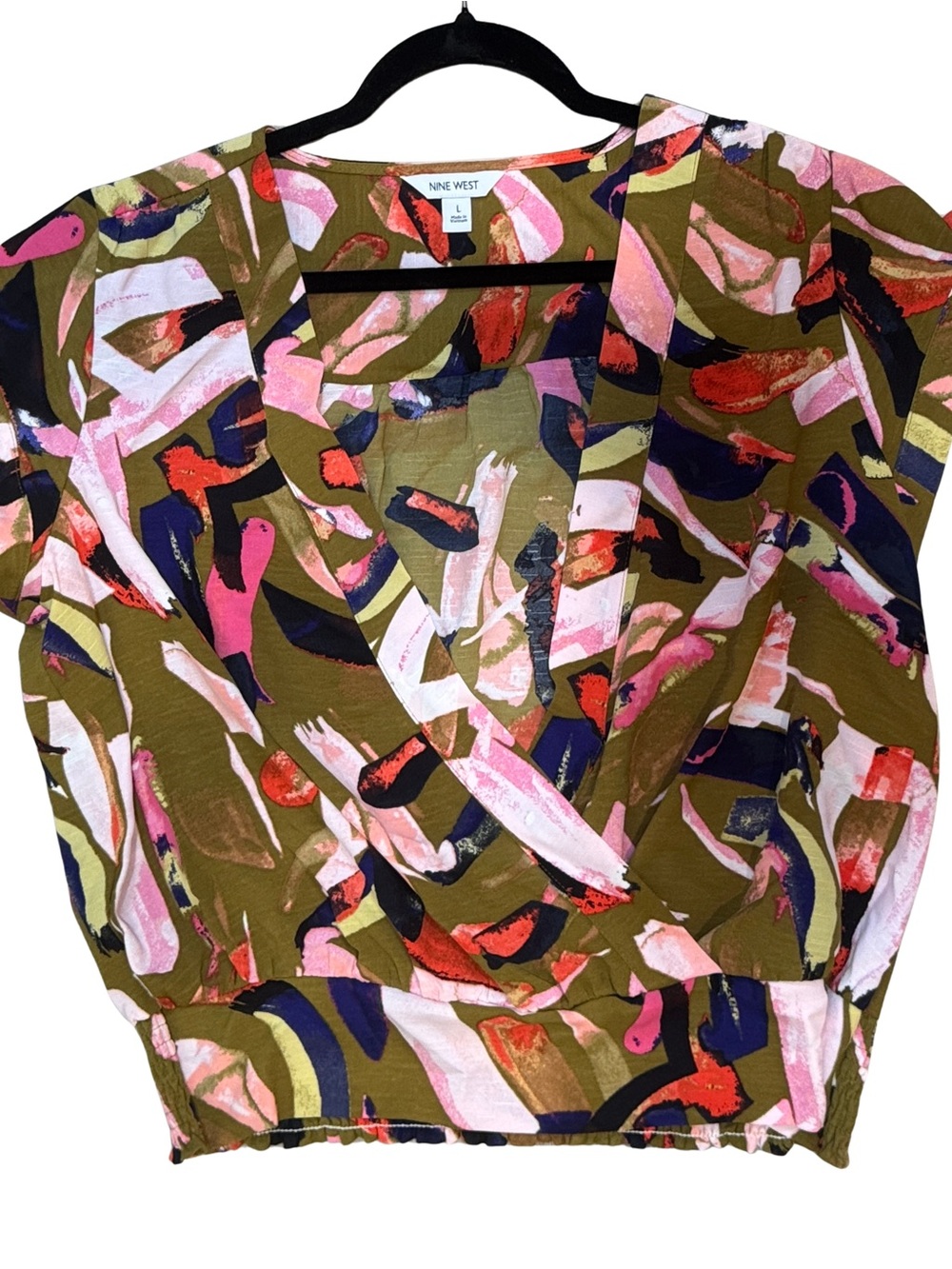 Nine West Olive Abstract Print V-Neck Waist Tie Cap Sleeve Top